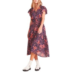 TROVATA Birds of Paradise Dress Midi Sz Large Geraniums Floral Krist Cotton